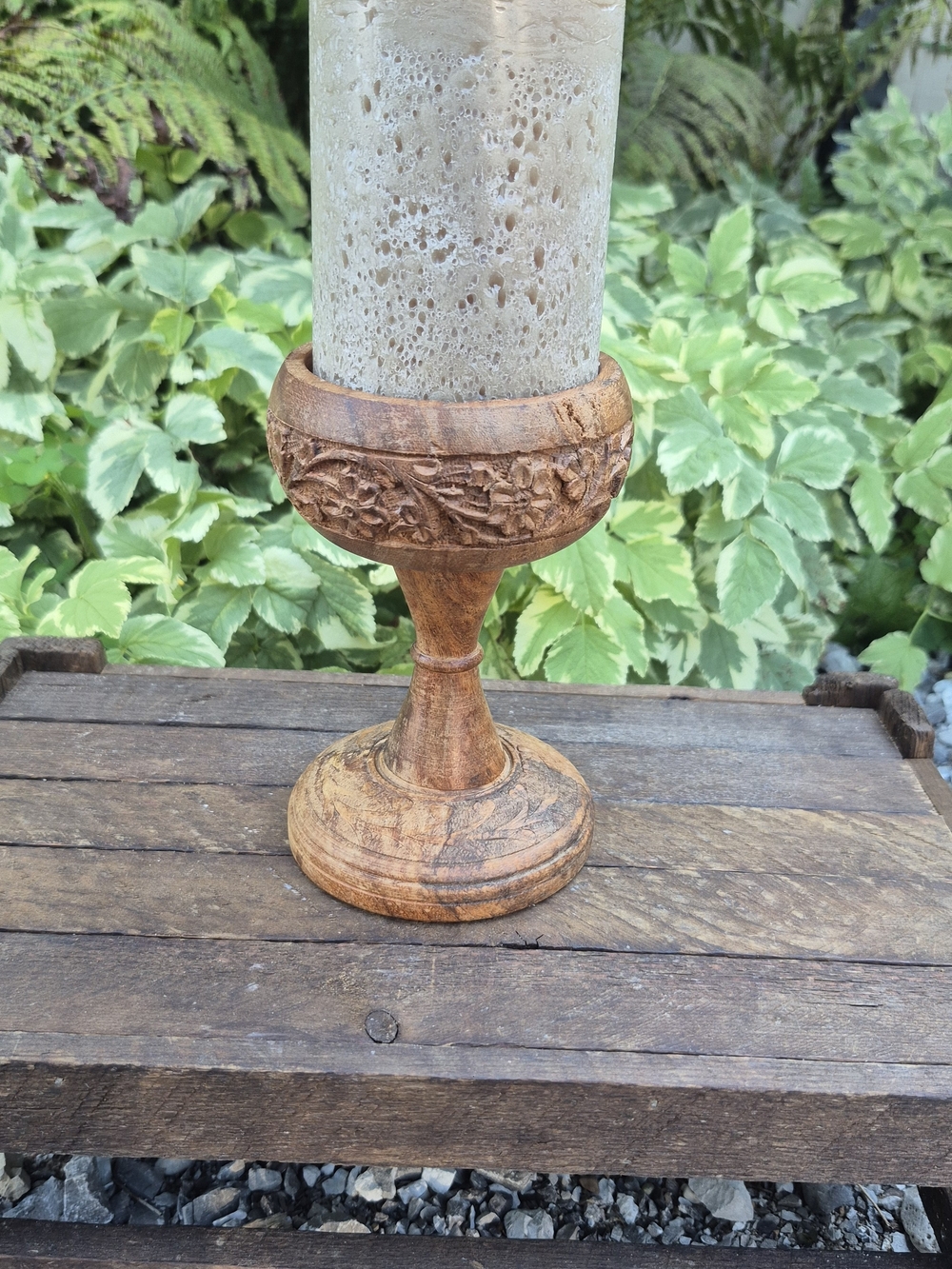 Vintage Hand Carved Wooden Pillar Candle Holder Stand | Rustic Boho Floral - Picture 7 of 13
